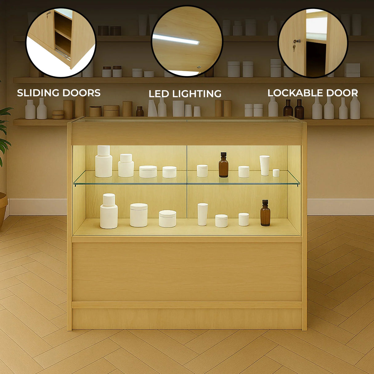 Maple LED retail shop counter with sliding doors, lockable storage, glass shelves, and warm lighting, ideal for displaying products