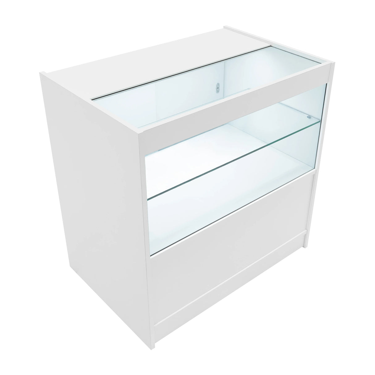 White LED retail shop counter C900 with a sleek design, glass display shelves, and a modern finish, ideal for showcasing products