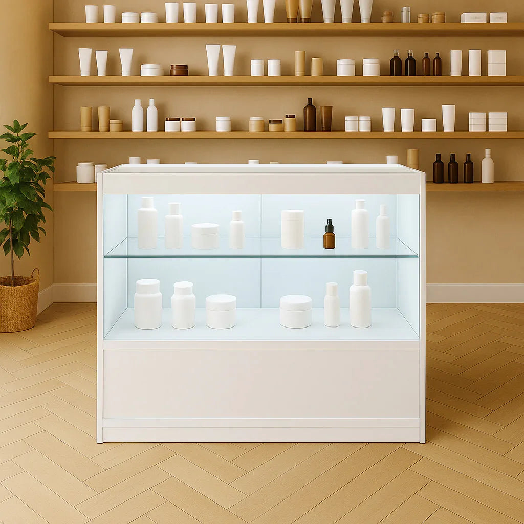 LED retail shop counter C900 in white, featuring glass shelves displaying various white and brown cosmetic containers against a warm backdrop