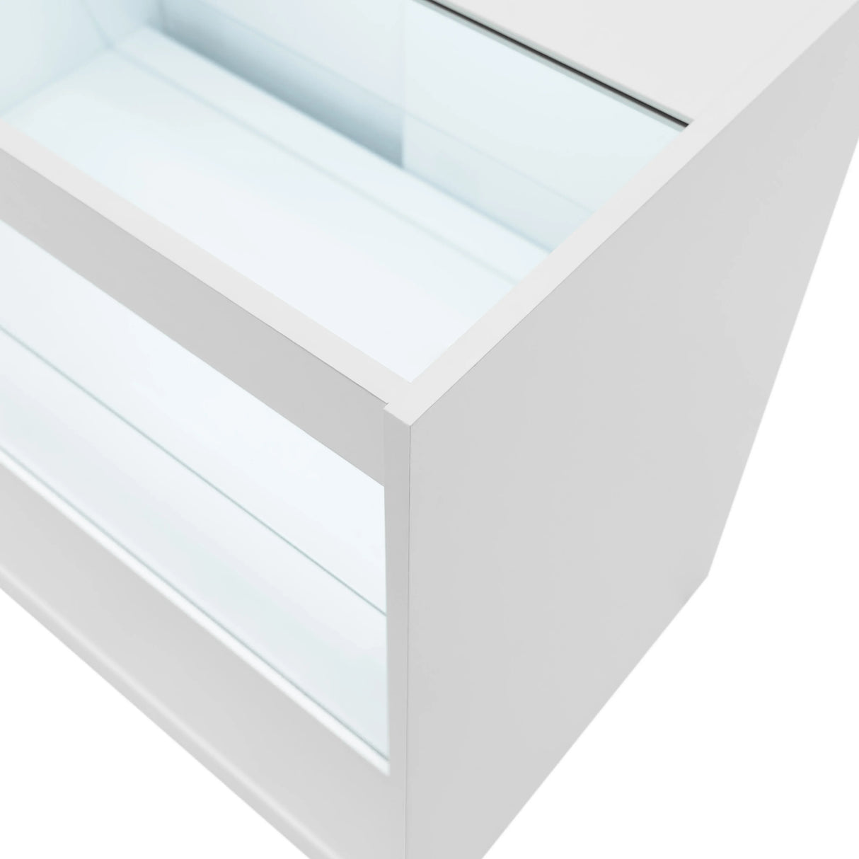 Sleek white LED retail shop counter C900 with glass shelves, featuring a modern design and smooth, clean lines for display purposes