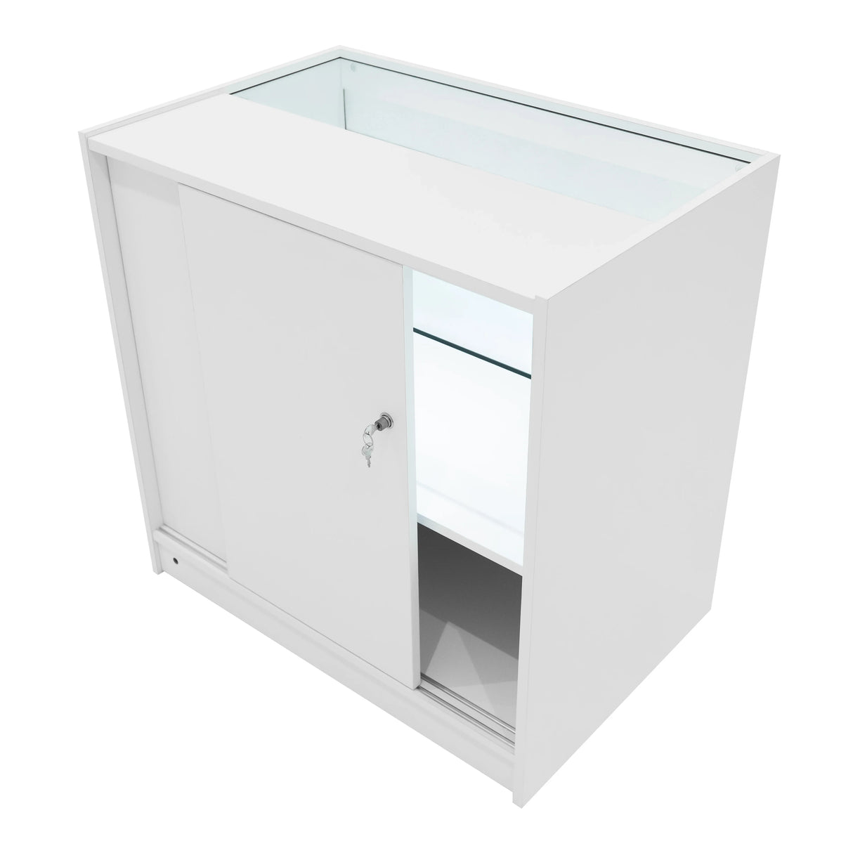 White LED retail shop counter C900 with sliding glass doors, illuminated interior, and sleek modern design for showcasing products