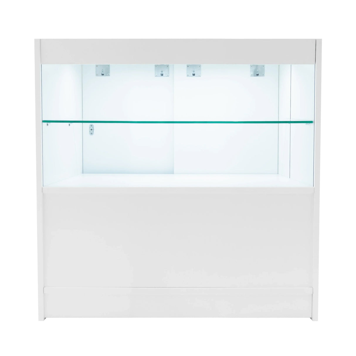 LED Retail Shop Counter C900 in sleek white finish, featuring glass display shelves and bright interior lighting for optimal visibility