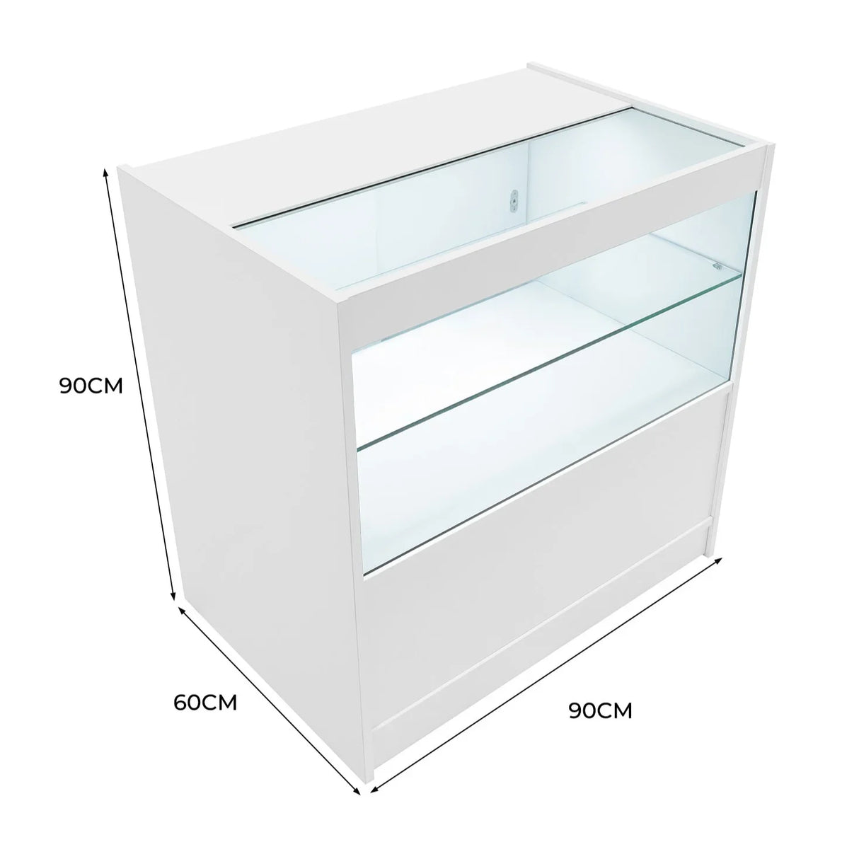 LED retail shop counter C900 in sleek white, featuring a glass display top and spacious storage, measuring 90cm x 60cm x 90cm