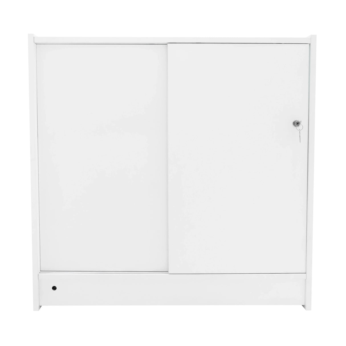 Sleek white LED retail shop counter C900 with sliding doors, modern design, and a minimalist aesthetic for stylish displays