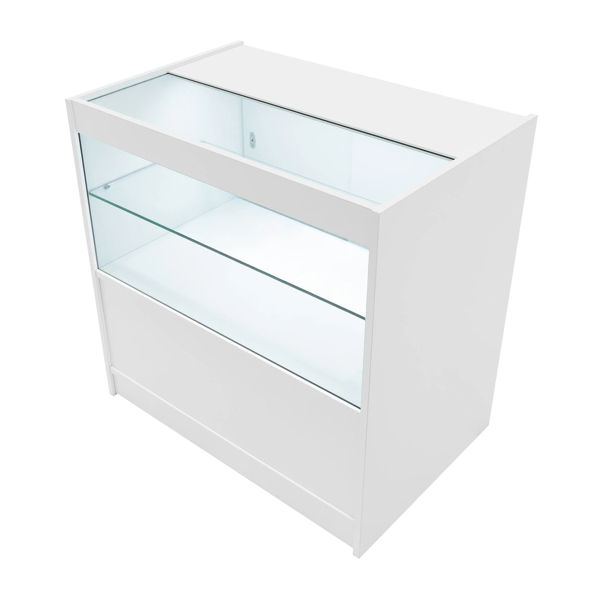White LED retail shop counter C900 with a sleek design, glass display shelves, and a smooth finish, ideal for showcasing products