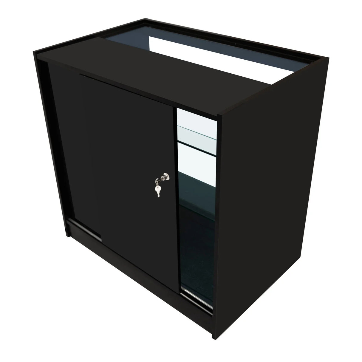 Sleek black LED retail shop counter K900 with glass top, sliding door, and interior shelves for organized display storage
