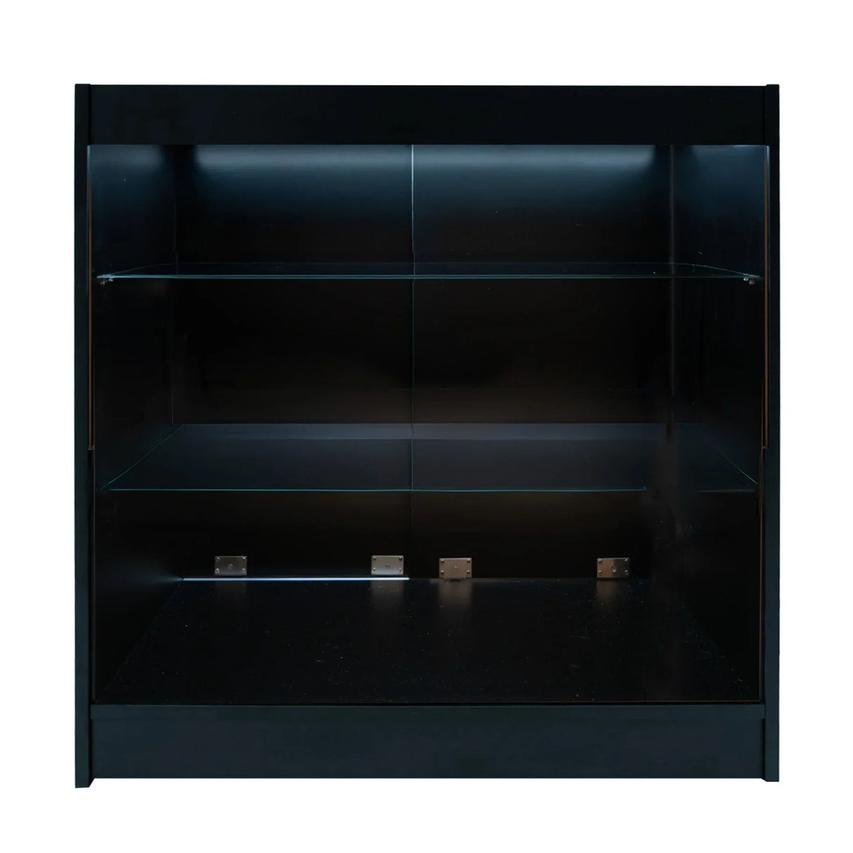Black LED retail shop counter K900 featuring a sleek design, glass shelves, and interior lighting for enhanced product display