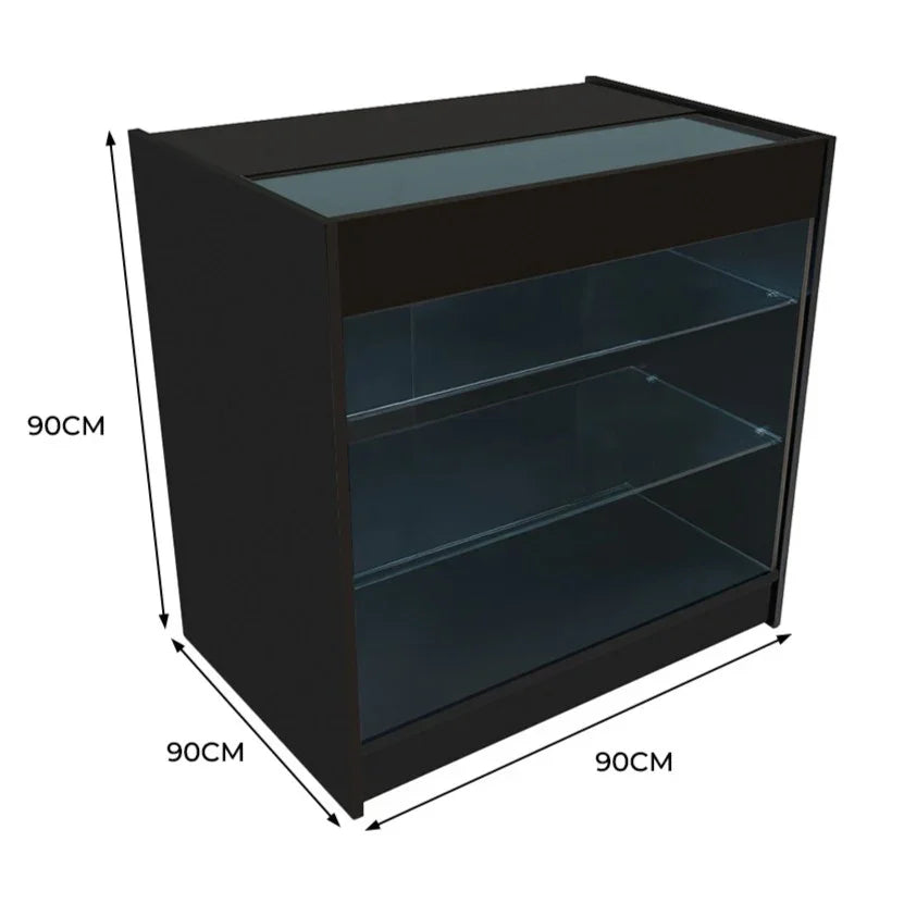 Black LED retail shop counter K900 with glass shelves, sleek design, and modern finish, dimensions 90cm x 90cm x 90cm