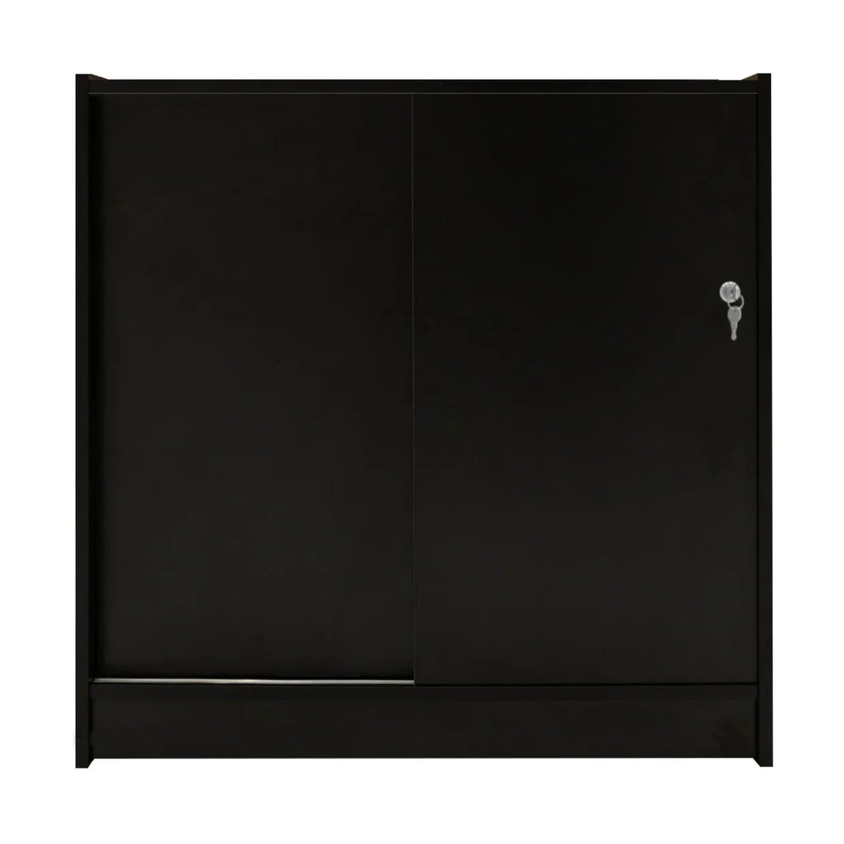 Sleek black LED retail shop counter K900 with sliding doors, featuring a smooth finish and a secure key lock for safety