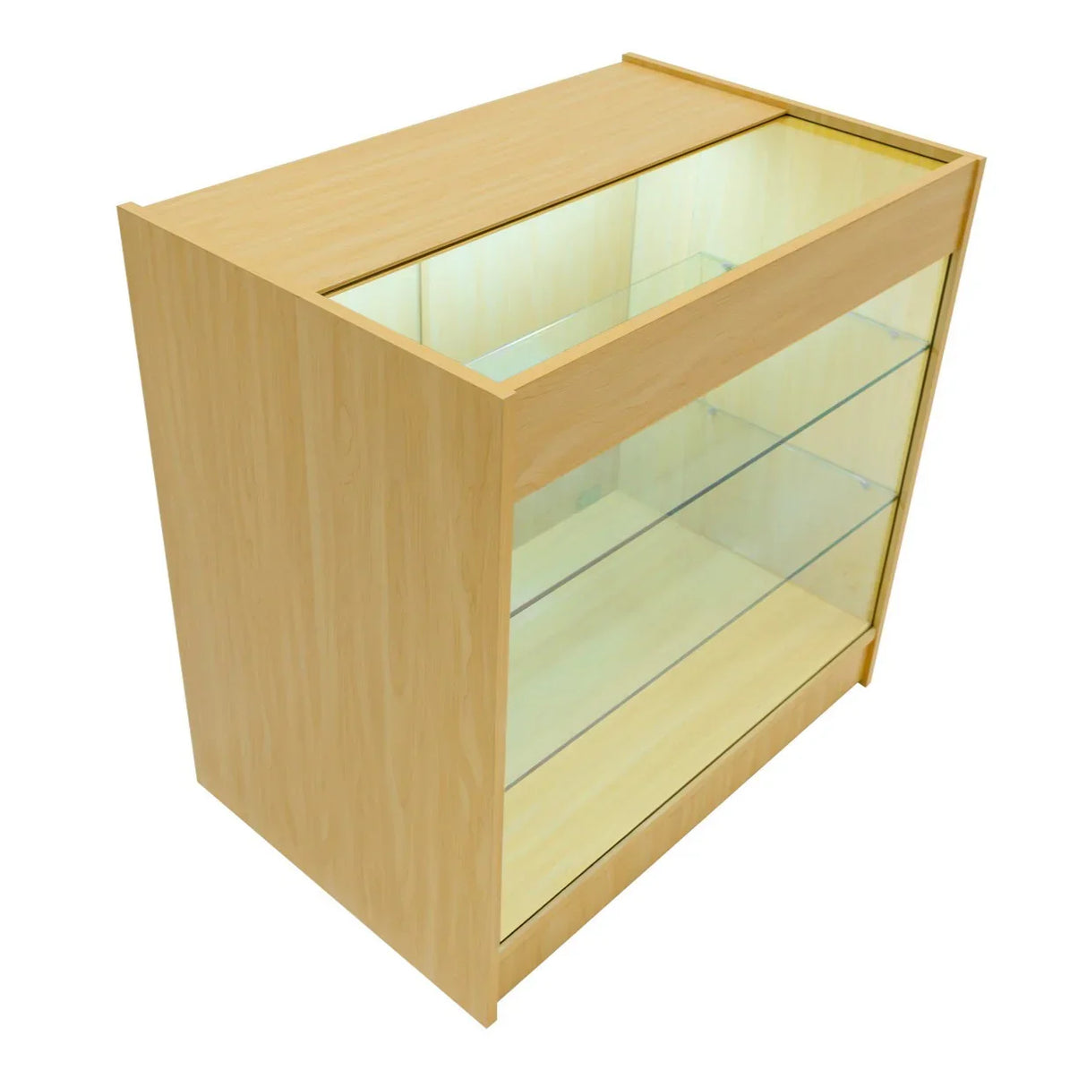 LED retail shop counter K900 in maple finish, featuring a glass display top and shelves, ideal for showcasing products elegantly