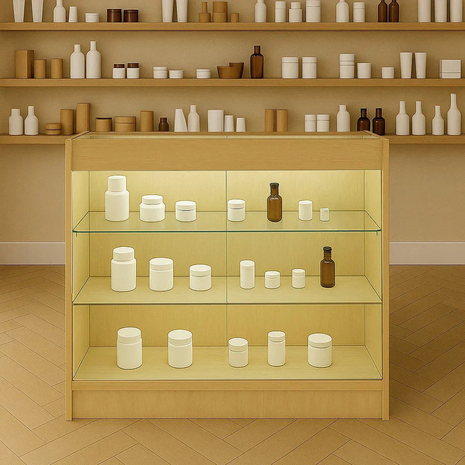 LED Retail Shop Counter K900 in maple finish with glass shelves displaying various white and brown containers against a neutral backdrop
