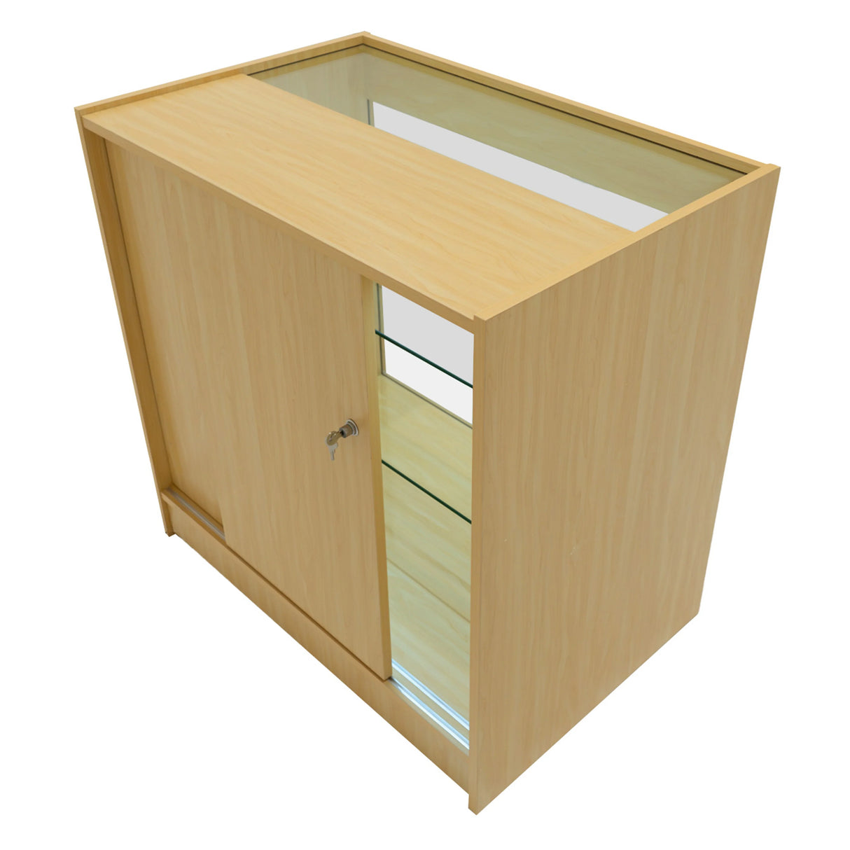 LED retail shop counter K900 in maple finish, featuring a glass top, sliding door, and sleek design for modern displays