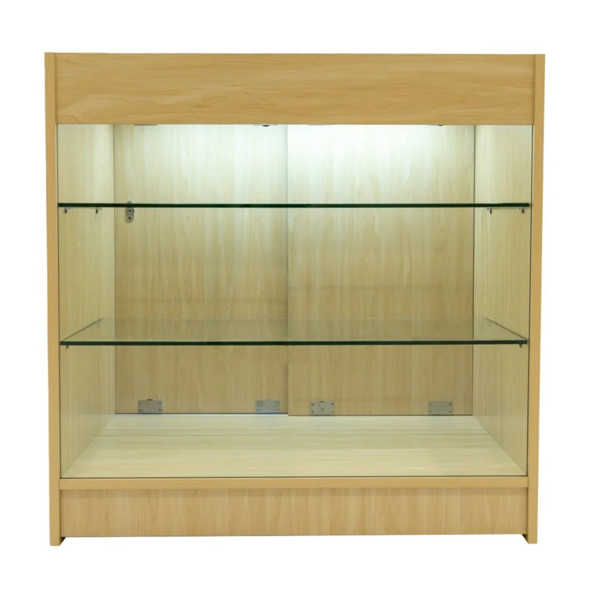 LED retail shop counter K900 in maple finish, featuring glass shelves, smooth texture, and built-in lighting for product display