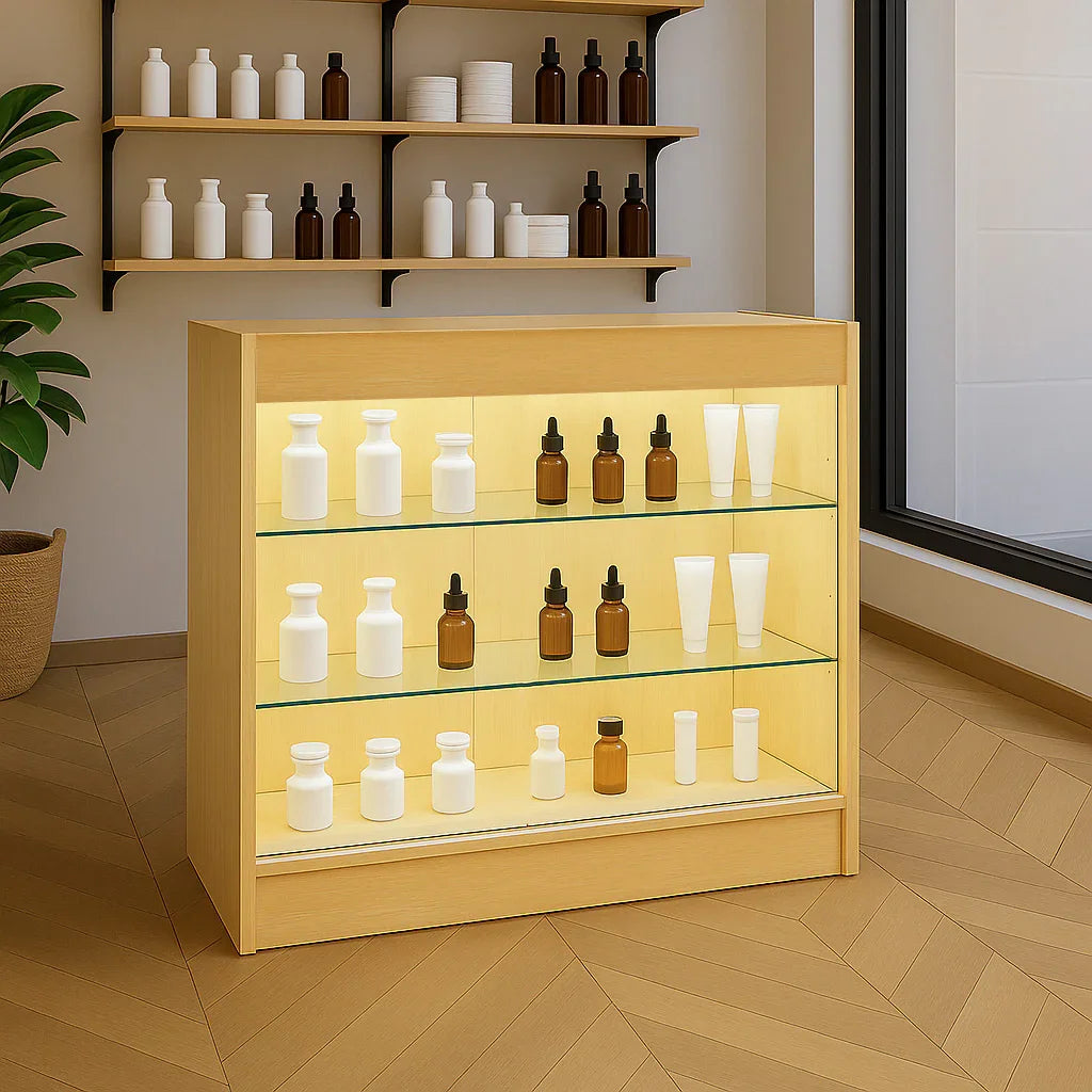LED retail shop counter K900 in maple finish, featuring glass shelves displaying assorted white and amber bottles in a modern setting