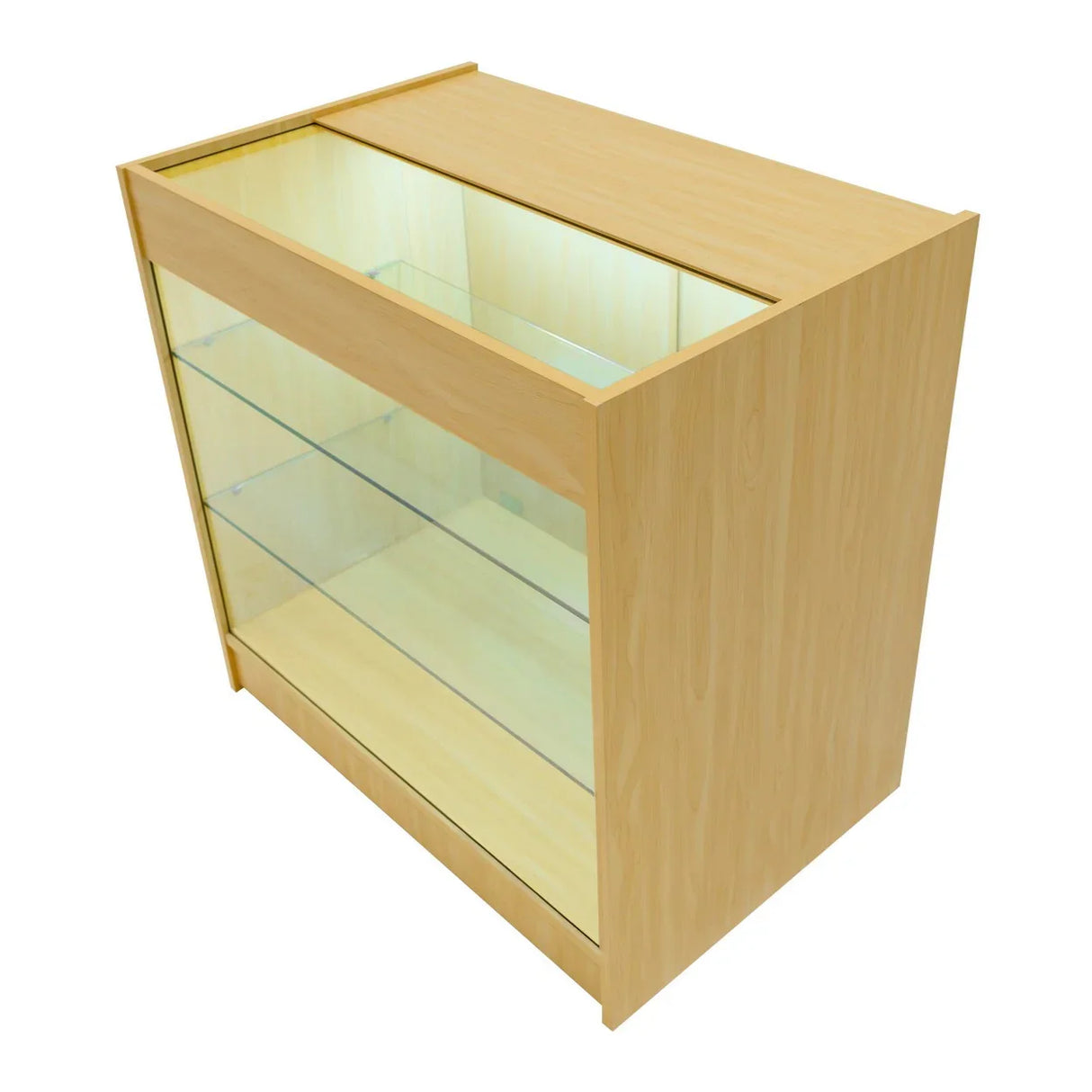 LED retail shop counter K900 in maple finish, featuring glass shelves and a sleek, modern design for showcasing products