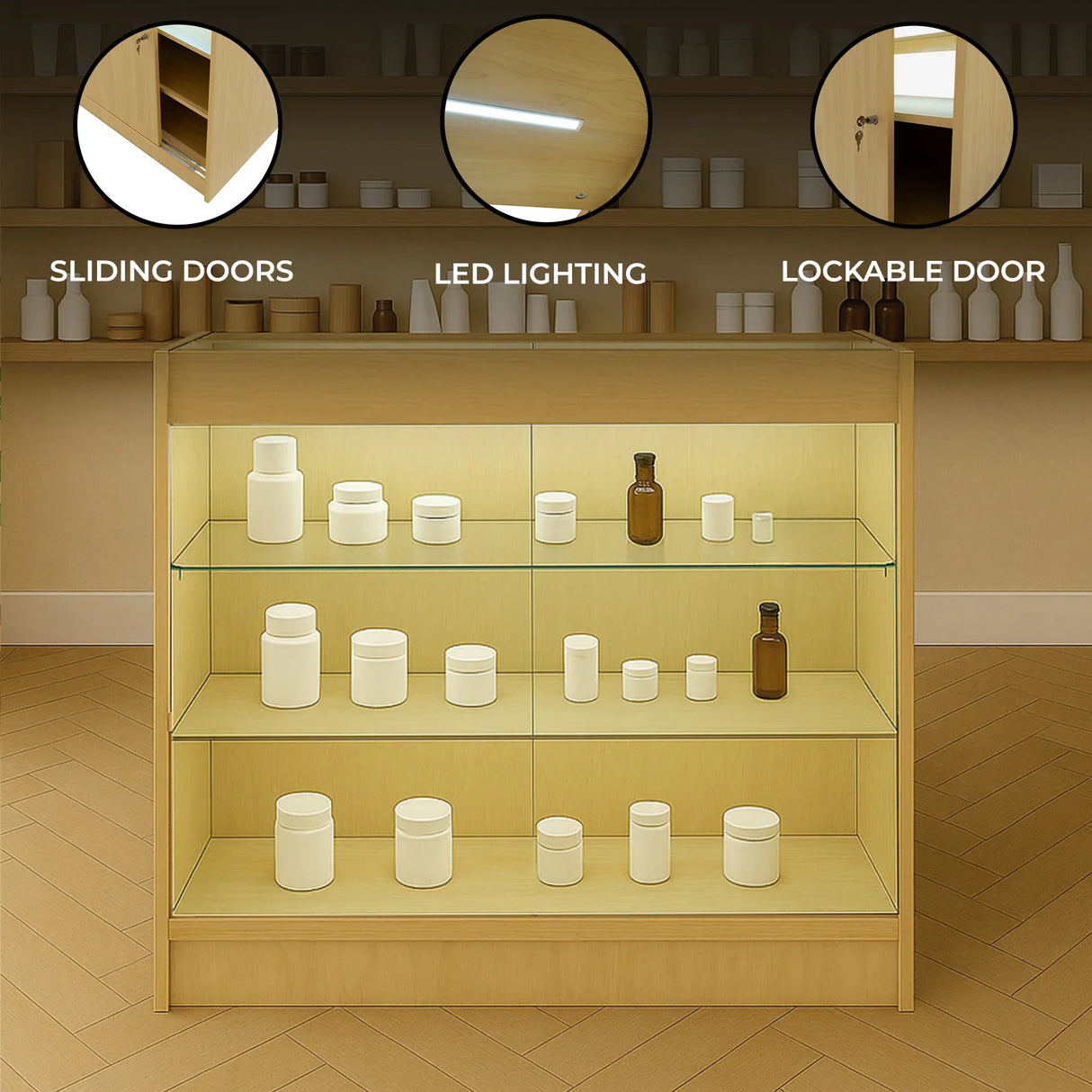 Maple LED retail shop counter K900 featuring sliding doors, lockable door, and illuminated glass shelves displaying various jars