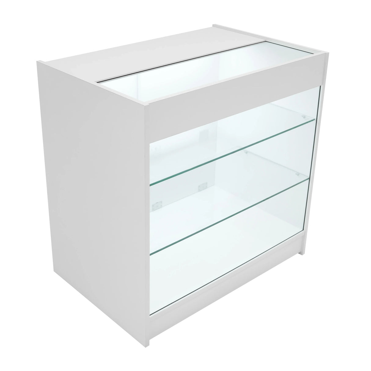 LED retail shop counter K900 in sleek white finish, featuring a glass display top and two glass shelves for showcasing products