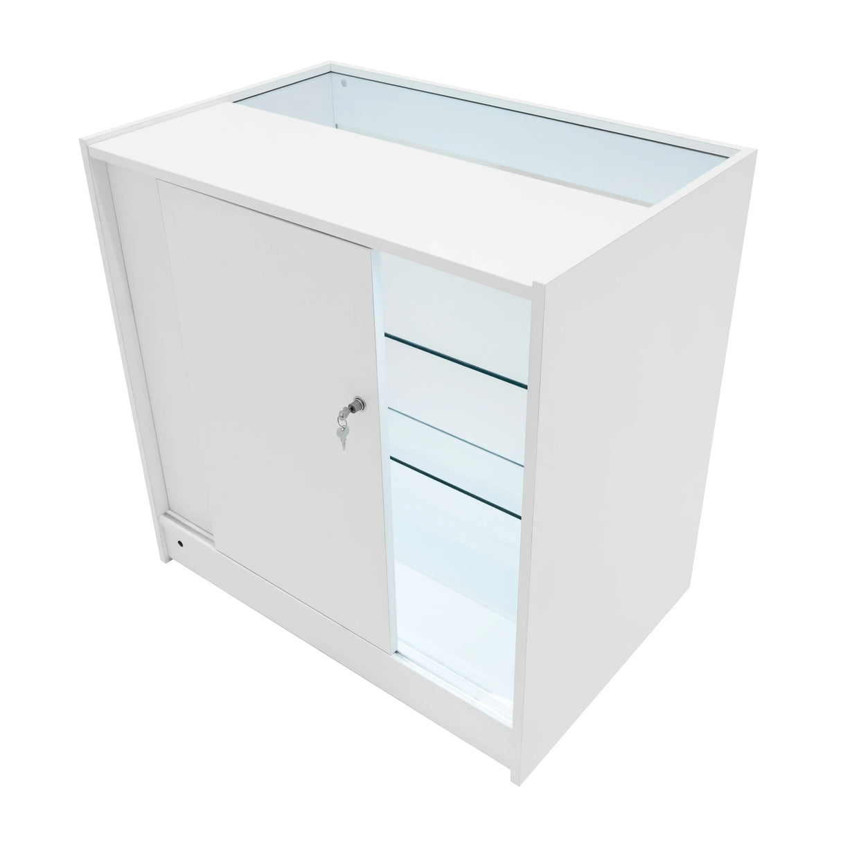 Sleek white LED retail shop counter K900 with glass shelves, a sliding door, and modern design for stylish product display