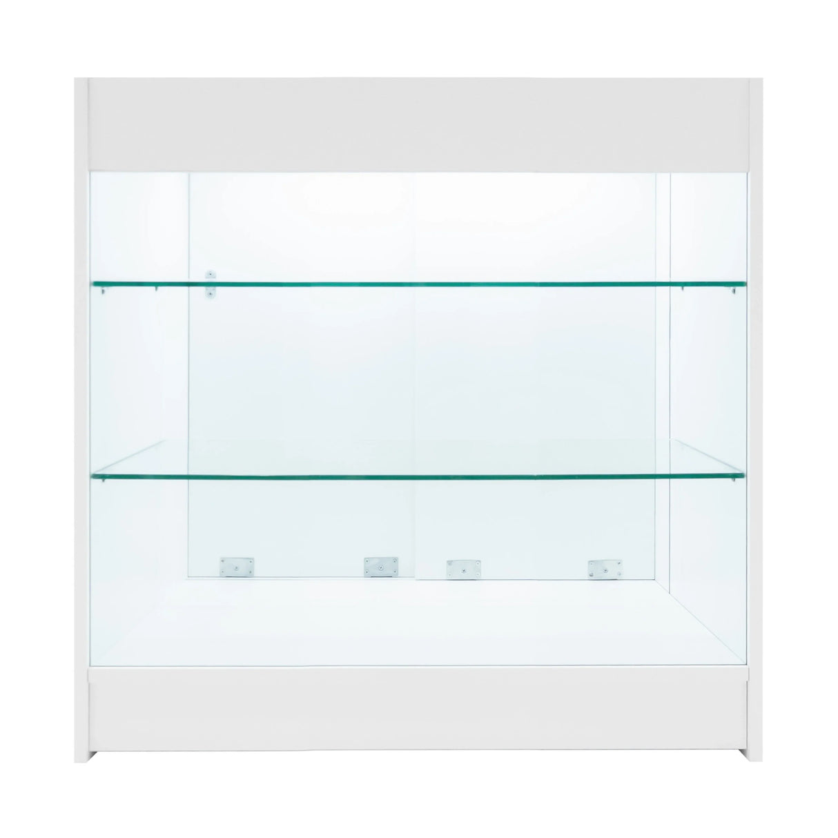 LED Retail Shop Counter K900 in white featuring sleek design, glass shelves, and bright LED lighting for showcasing products