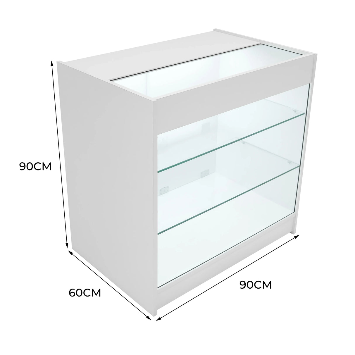 LED retail shop counter K900 in white, featuring a sleek design with glass shelves and dimensions of 90cm height, 90cm width, and 60cm depth