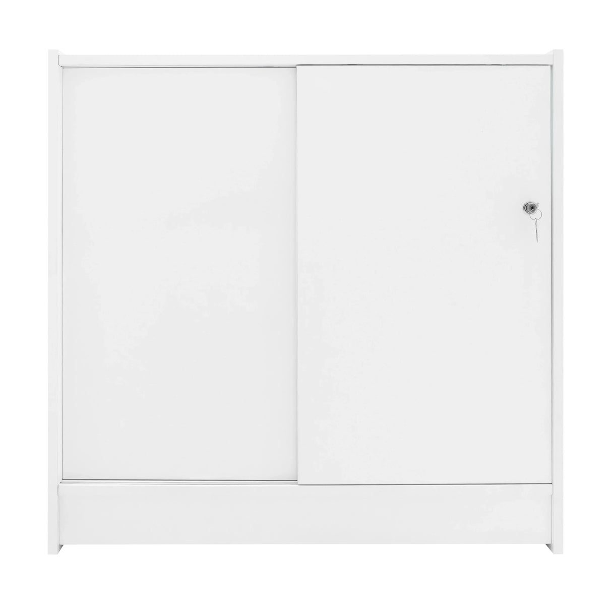 Sleek white LED retail shop counter K900 with a modern design, featuring a sliding door and a key lock for secure storage