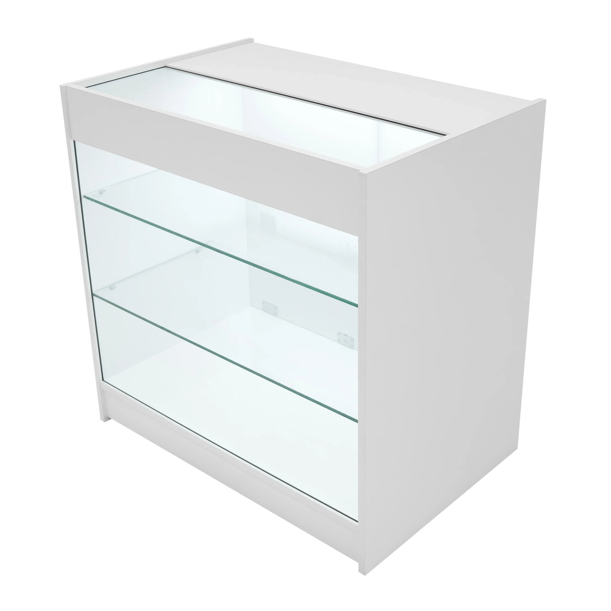 White LED retail shop counter K900 with sleek design, glass shelves, and a modern finish, ideal for showcasing products