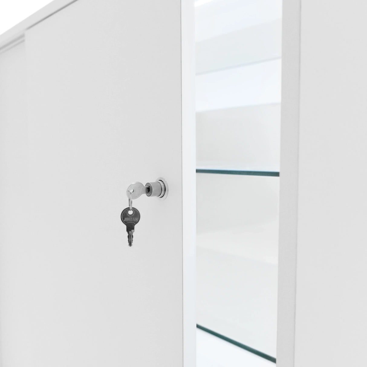 White LED retail shop counter K900 featuring a sleek design, glass shelves, and a key lock for secure storage