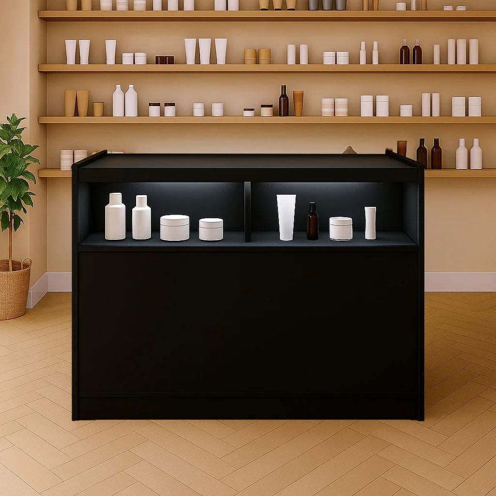 Sleek black LED retail shop counter B1200 with illuminated display shelves, perfect for showcasing products in a modern setting