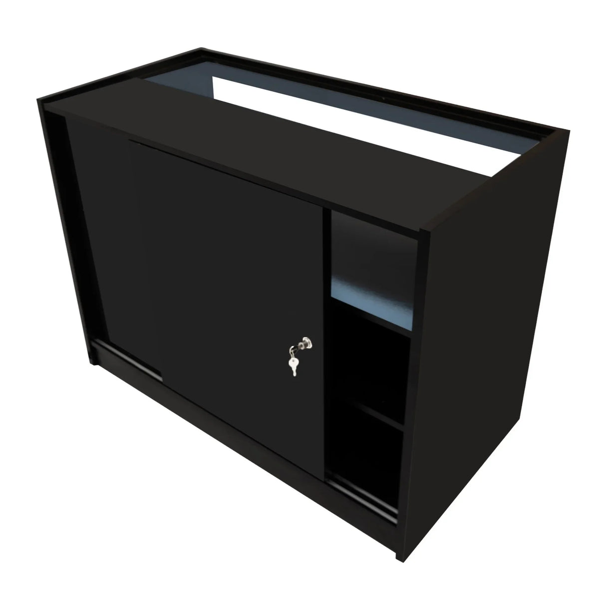 Sleek black LED retail shop counter B1200 featuring a sliding door, lockable storage, and open shelving for display items