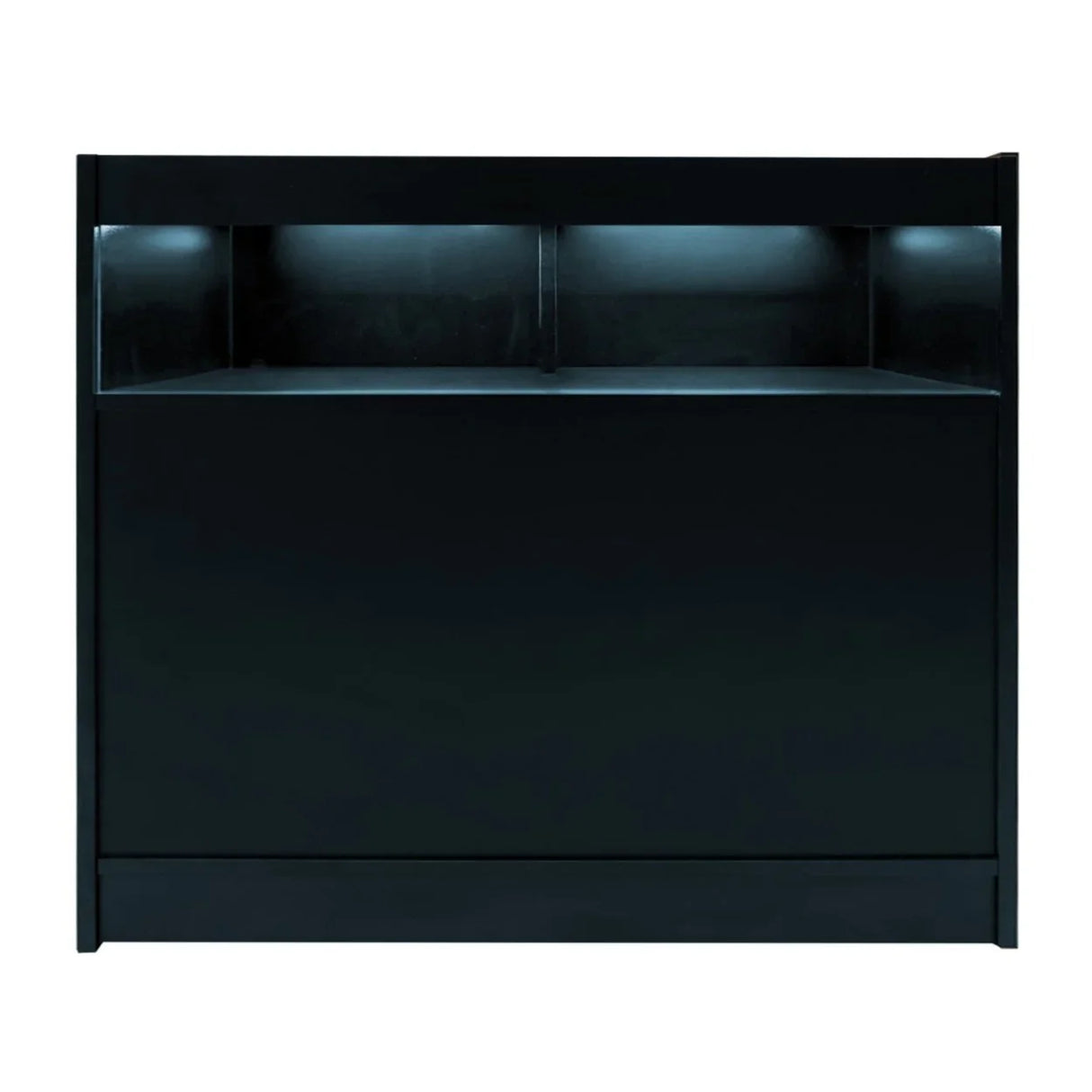 Sleek black LED retail shop counter B1200 featuring illuminated shelves, smooth finish, and modern design for stylish displays