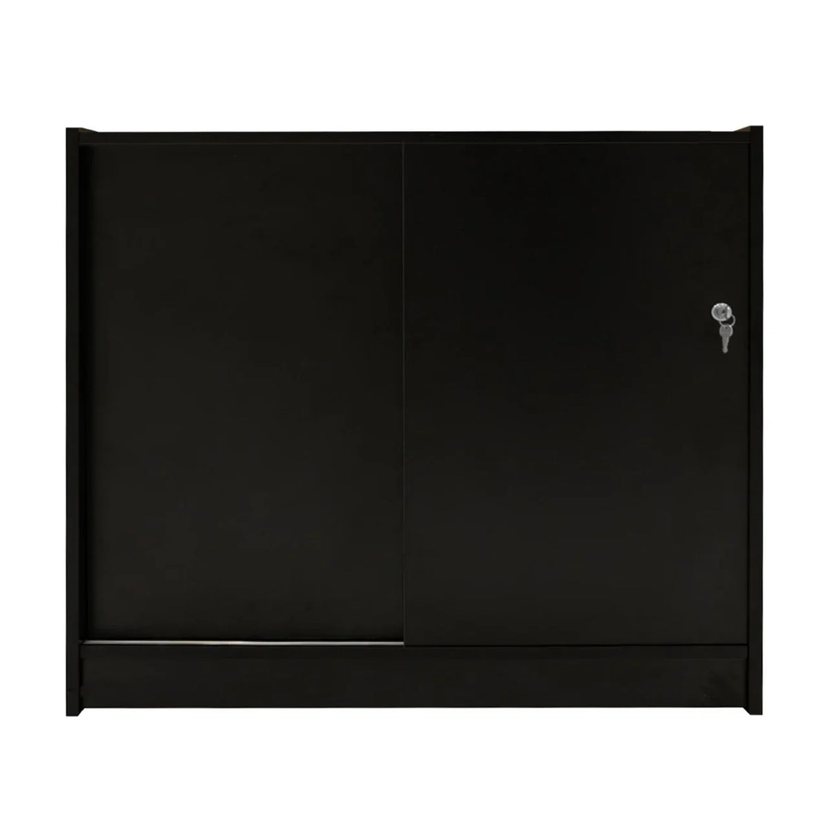 Sleek black LED retail shop counter B1200 with sliding doors, featuring a modern design and durable metal construction