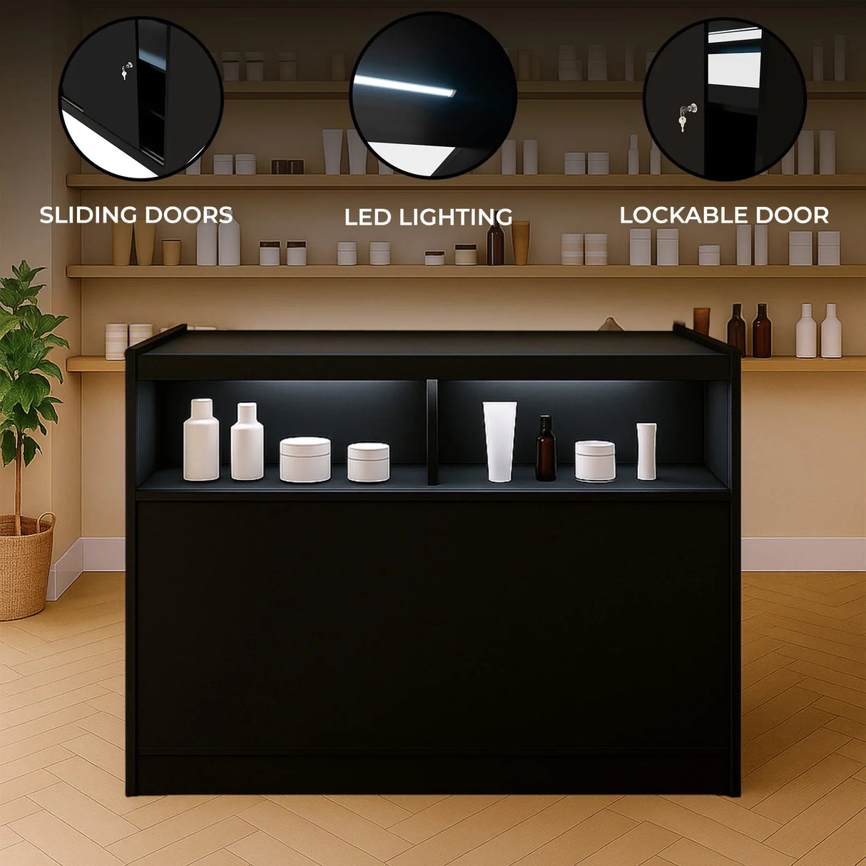 Black LED retail shop counter B1200 featuring sliding doors, lockable design, and integrated LED lighting, ideal for display