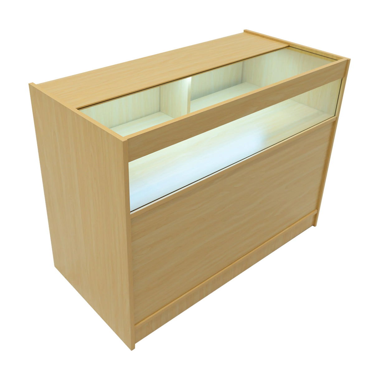 Maple LED retail shop counter B1200 with a sleek design, glass display top, and illuminated shelving for showcasing products