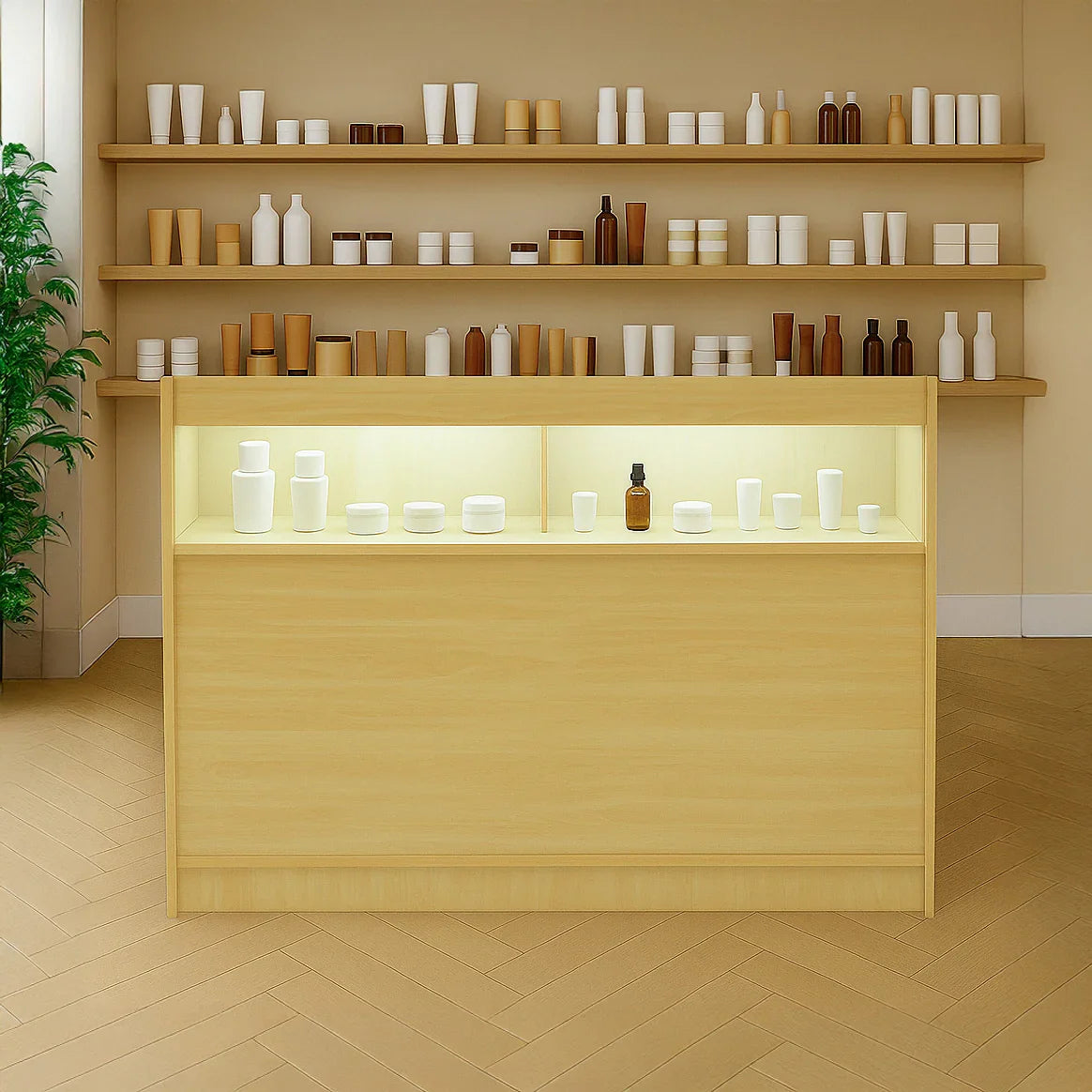 LED retail shop counter in maple finish with illuminated display area, showcasing various white and brown containers on a light wood floor
