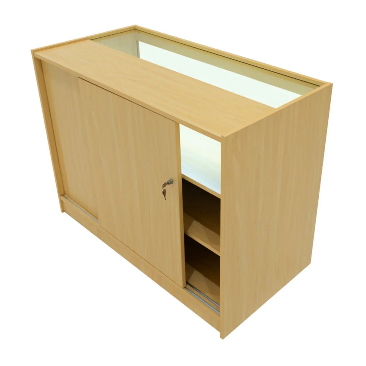 LED retail shop counter in maple finish, featuring a sliding door, glass top, and interior shelving for display and storage