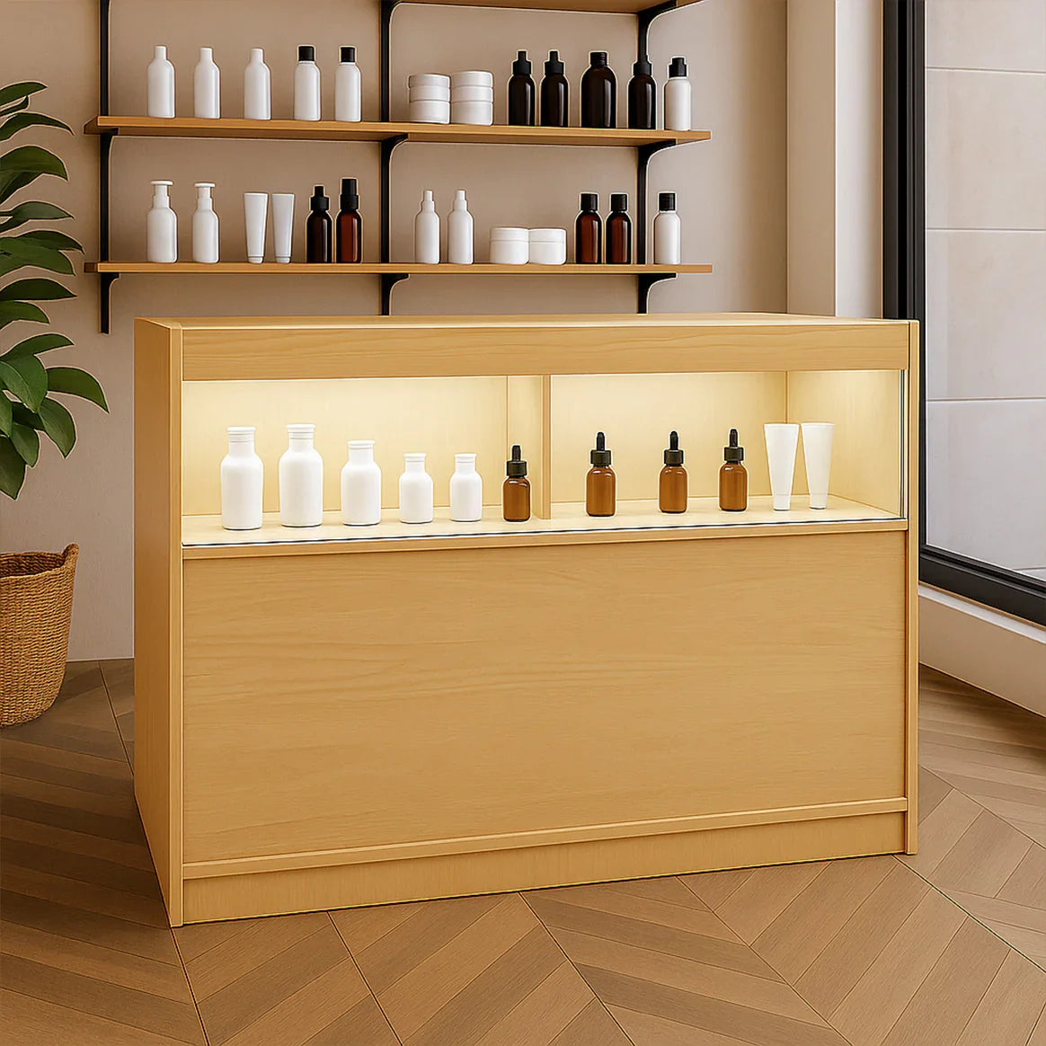 LED retail shop counter in maple wood finish, featuring backlit display shelves with various bottles and containers arranged neatly