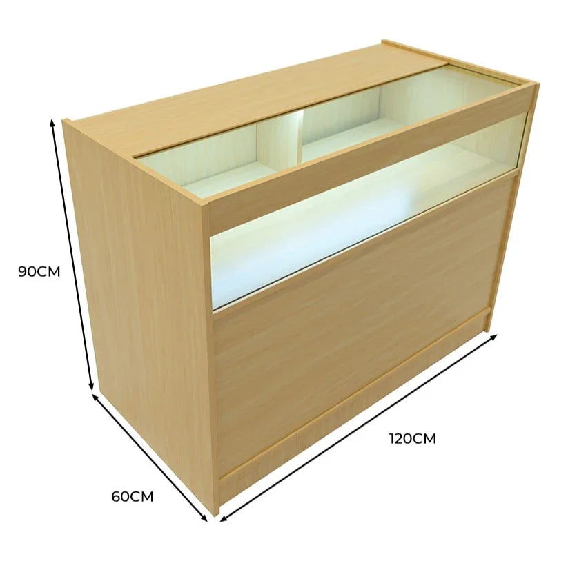 LED retail shop counter in maple finish, featuring a sleek design, glass display top, and dimensions of 120cm x 60cm x 90cm