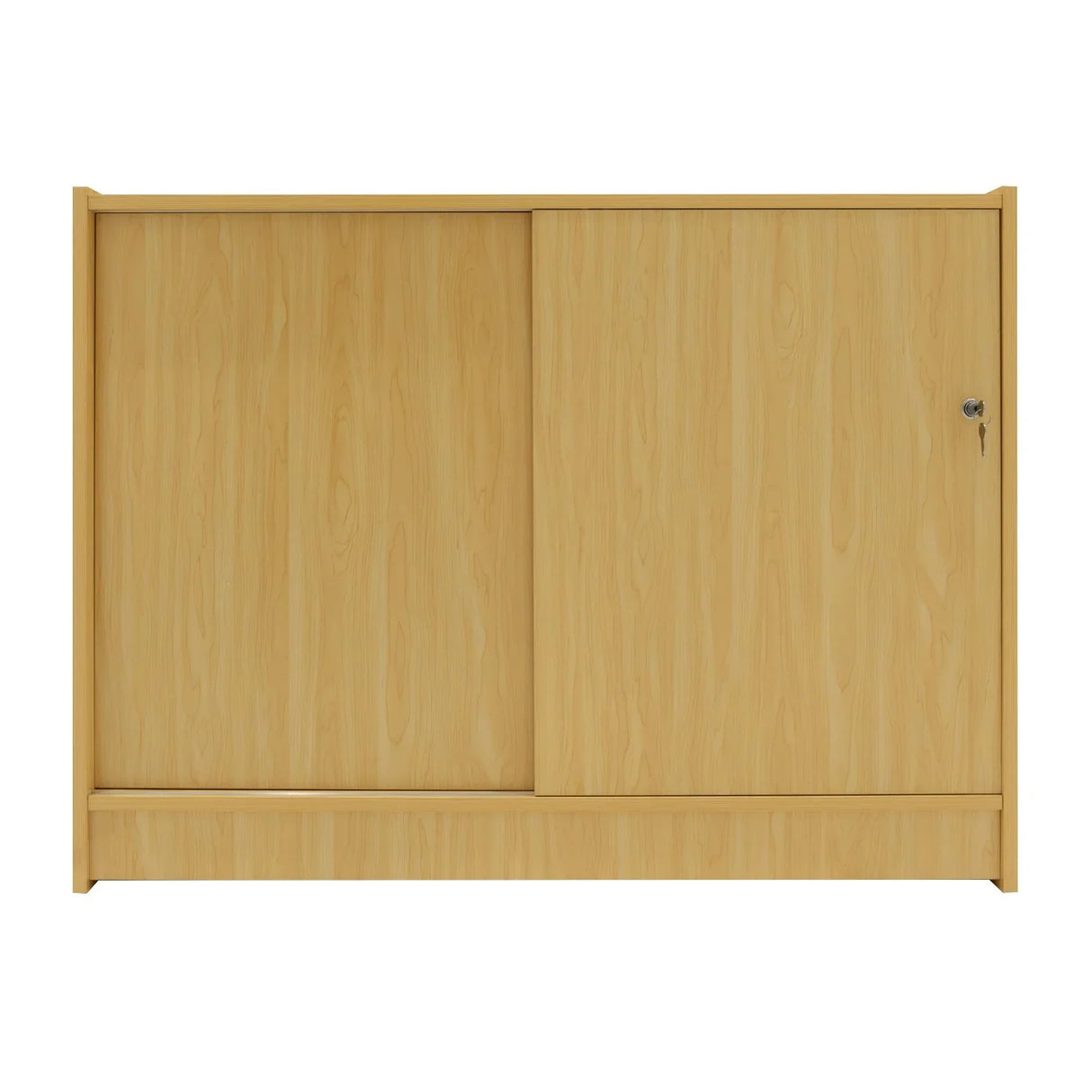 LED Retail Shop Counter B1200 in light maple finish, featuring smooth sliding doors and a sleek, modern design for retail spaces