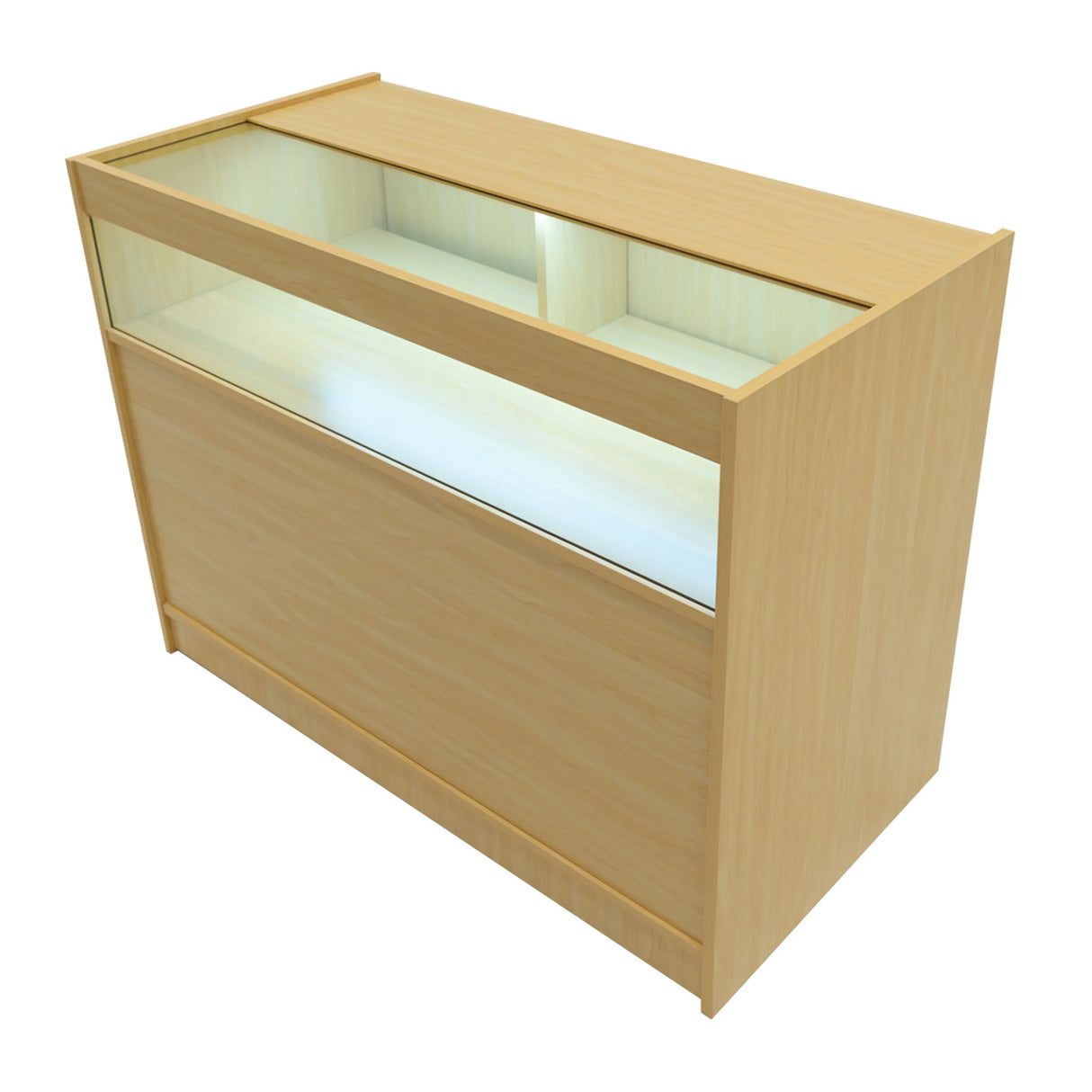 LED retail shop counter in maple finish, featuring a sleek design, glass display top, and integrated LED lighting for showcasing products