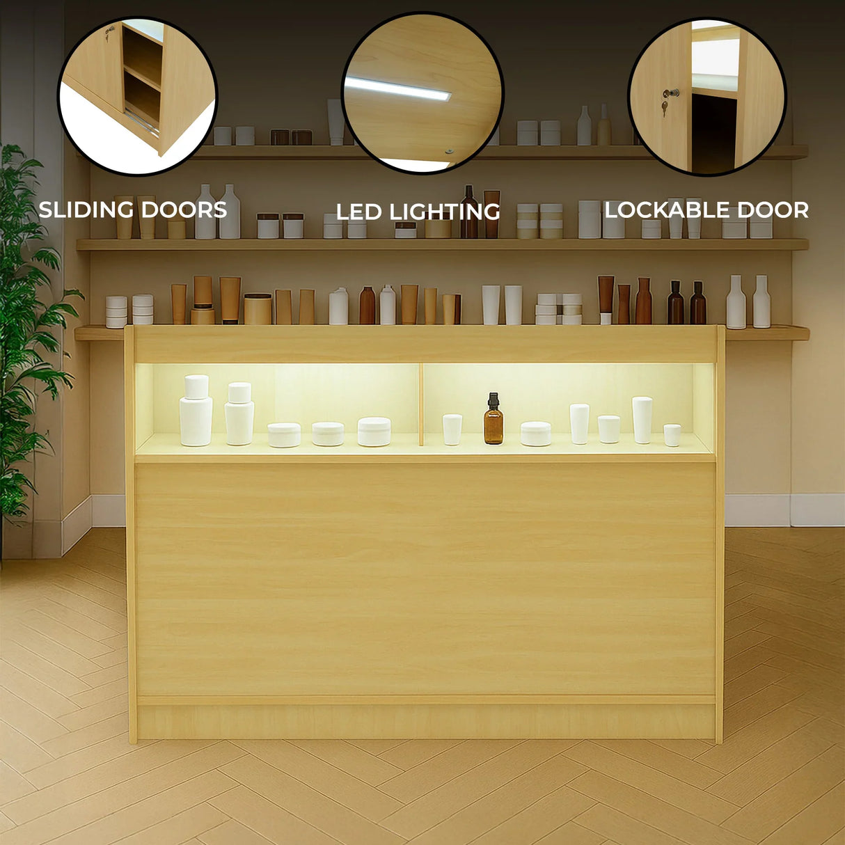 Maple LED retail shop counter with sliding doors, lockable storage, and illuminated display for showcasing products