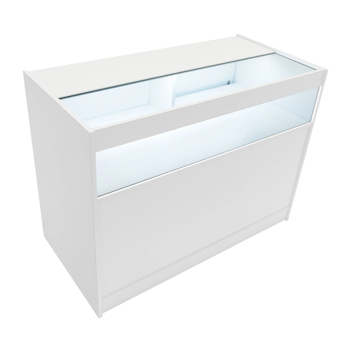 White LED retail shop counter B1200 with a sleek design, glass display top, and illuminated interior for showcasing products