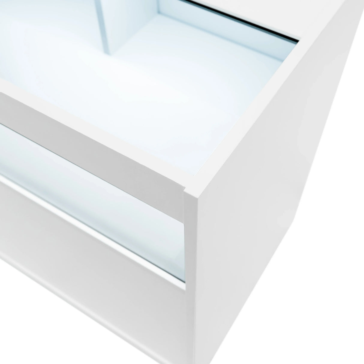 Sleek white LED retail shop counter B1200 with a smooth finish and glass display top, ideal for showcasing products