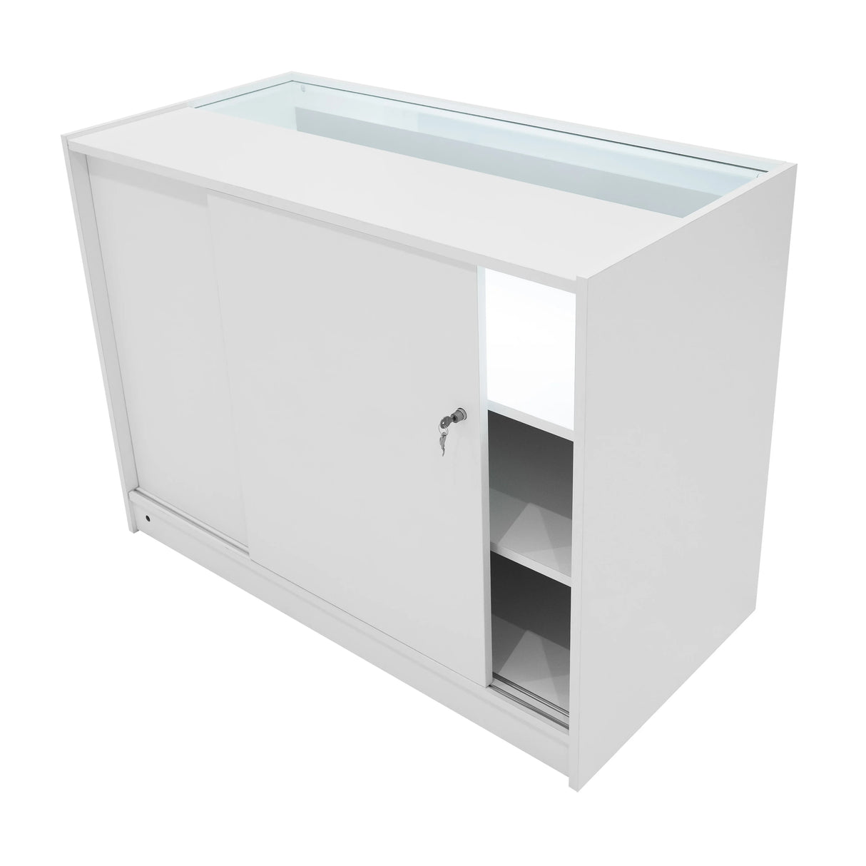 White LED retail shop counter B1200 with sliding doors, glass top, and interior shelves for organized display and storage