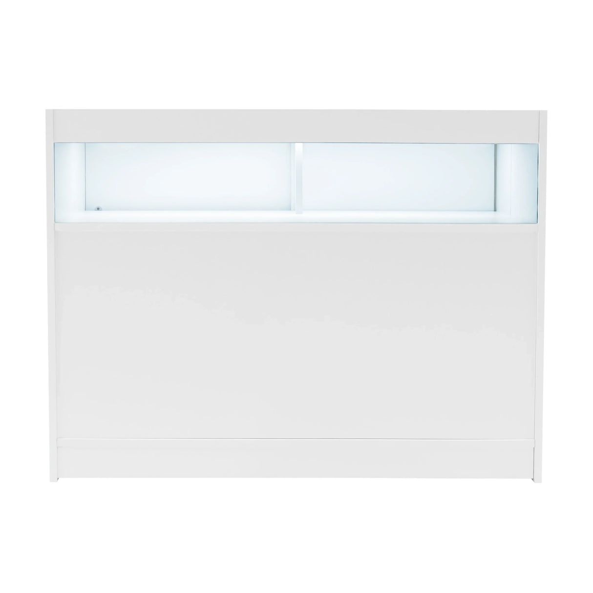 Sleek white LED retail shop counter B1200 featuring a smooth surface and illuminated display area for showcasing products