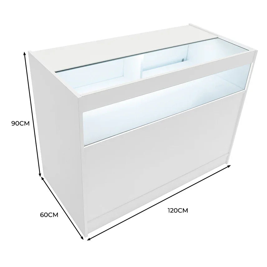 LED retail shop counter in white with glass display top, measuring 120cm wide, 90cm high, and 60cm deep, featuring built-in LED lighting