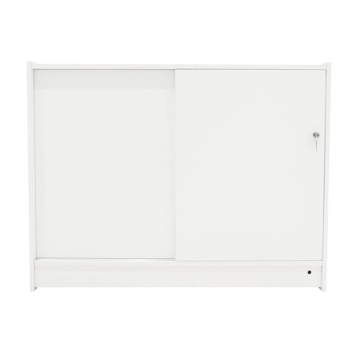 Sleek white LED retail shop counter B1200 with a sliding door, smooth surface, and modern design, ideal for display and storage