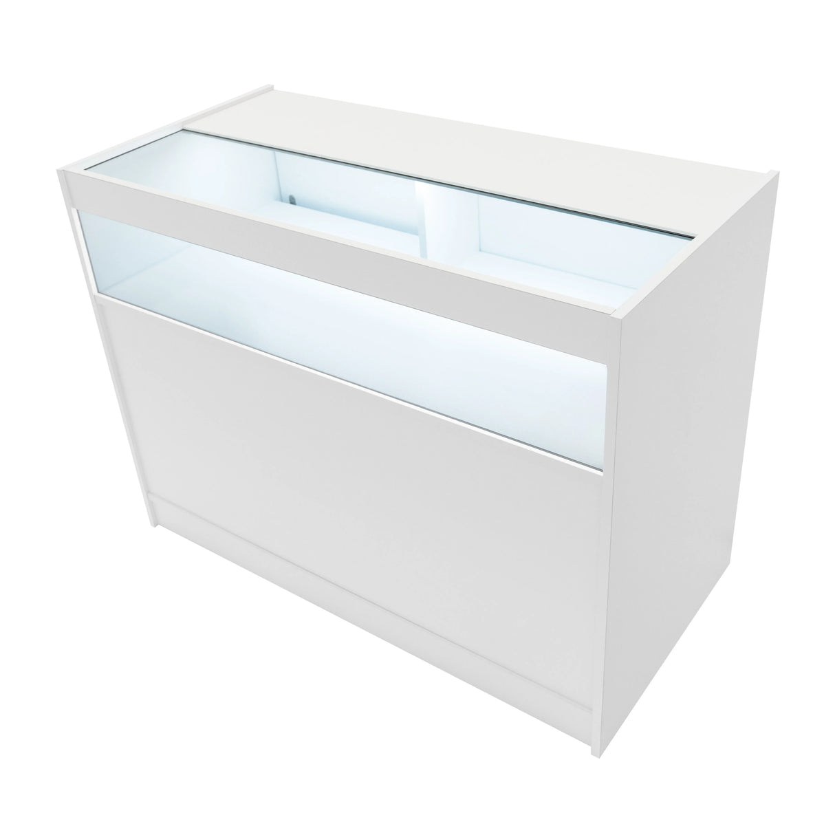 LED retail shop counter B1200 in sleek white finish, featuring a glass display top and illuminated interior for showcasing products