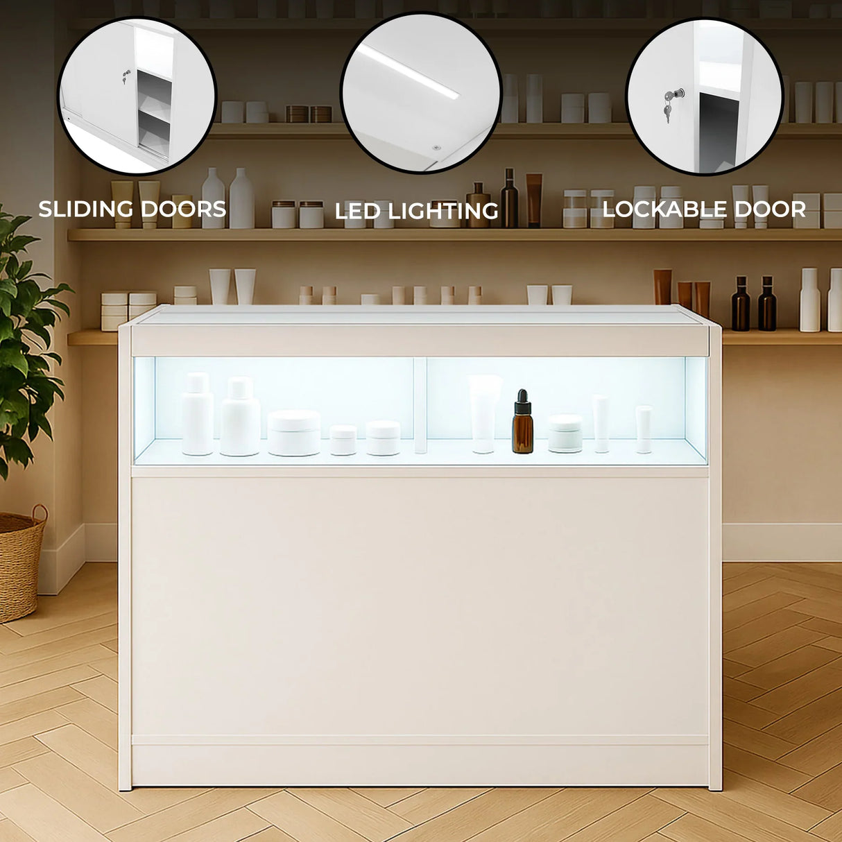 White LED retail shop counter B1200 with sliding doors, lockable storage, and illuminated display for showcasing products