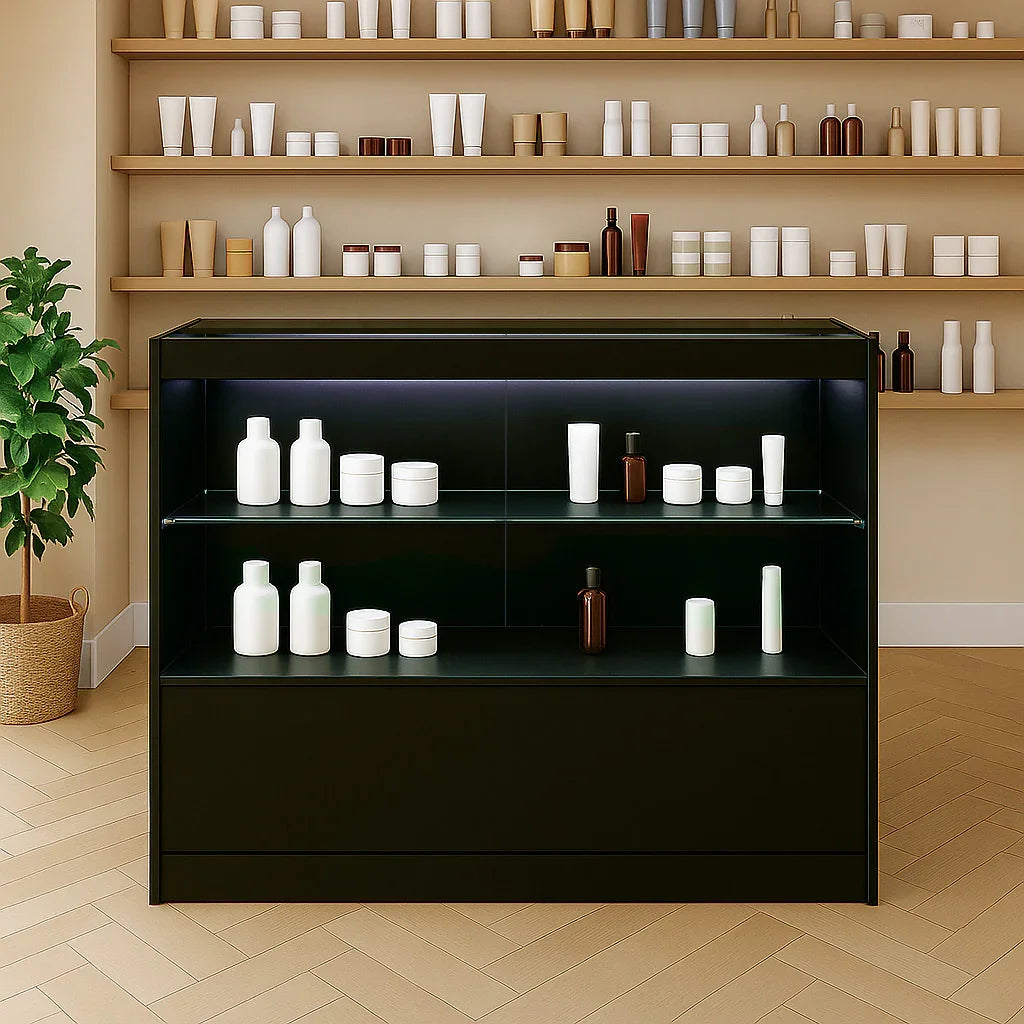 Black LED retail shop counter C1200 with glass shelves, showcasing various white and brown containers against a neutral background