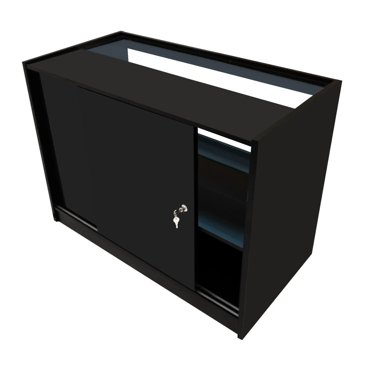 Sleek black LED retail shop counter with sliding door, open shelving, and smooth finish, ideal for modern store displays